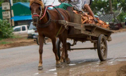 a horse pulling a cart loaded with materials