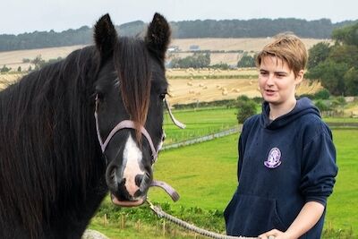 young woman holding a horse on a lead rope